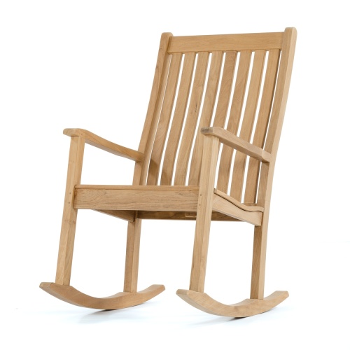 12223 veranda teak rocking chair on porch side view with railing and landscaped lawn in background