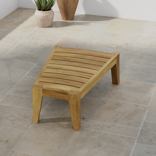 14918 Kafelonia Teak End Table in angled top view on tiled terrace with 3 potted plants against wall with home and ocean in background