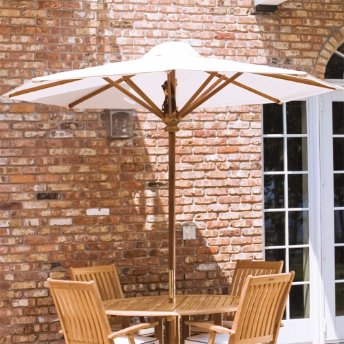 17540F Somerset 8 foot Round teak Umbrella fully extended with forest green canopy in our heavy duty steel parasol base on white background