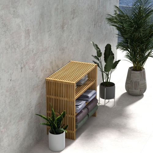 18220 Teak Storage Shelf with towels folded on the 3 shelves in aerial angled view next to 3 potted plants against a wall