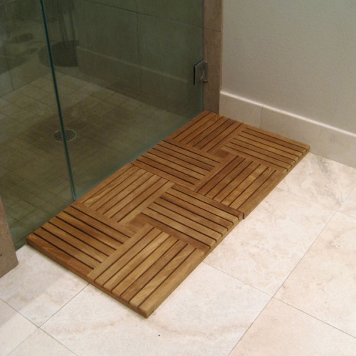 18411 parquet teak tiles showing two together in front of a shower on tile bathroom