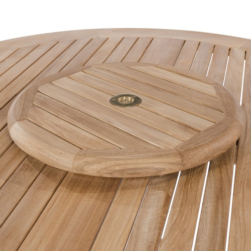 18700 teak lazy susan showing umbrella hole on teak table angled on white background
