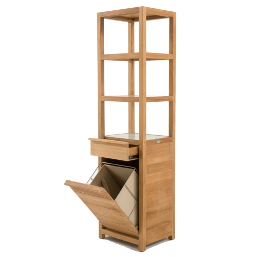 18815F Pacifica Linen Tower with Shelves and a Tilt Out Bin in side view on bathroom tiled floor behind a soaking tub against a wall next to a shower in background