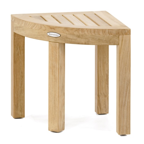 18818 Pacifica Corner Spa Stool in shower showing a loofah and 2 bottles of shampoo on top in a front aerial view of shower and bathroom