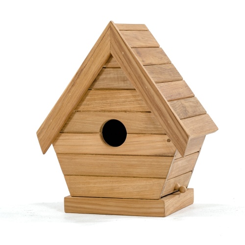 19003 teak bird house front angled on white background