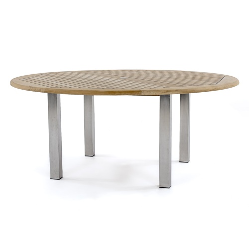 25015 Vogue teak and stainless steel 6 foot Round Table angled side view on white background