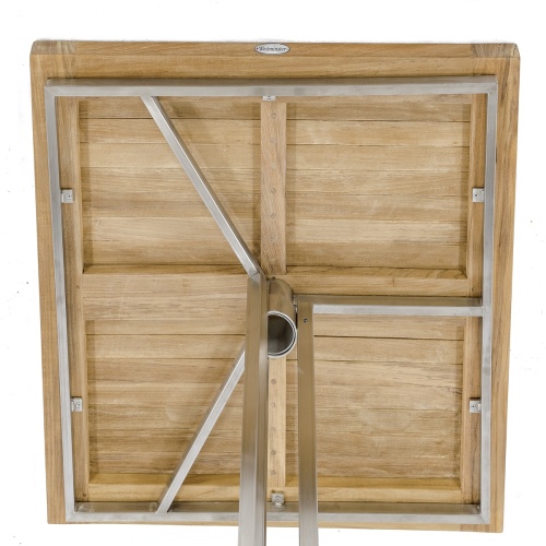 25313 Vogue Square 30 inch square Teak and Stainless Steel Bar Table showing under table view on white background