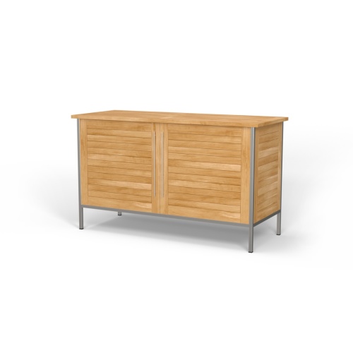 28226 Vogue Teak and Stainless Steel Beverage Console next to a potted plant on teak tiled outdoor patio with windows of a house in the background
