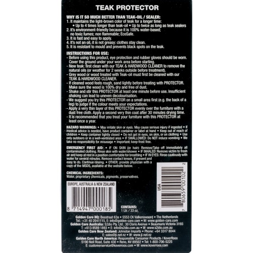 30101 Golden Care Teak Protector 1 liter bottle showing label instructions on back of bottle on white background