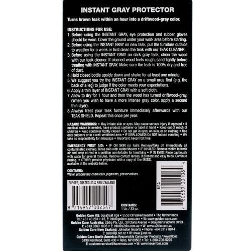 30105 Golden Care Instant Grey label showing instructions on back of bottle on white background