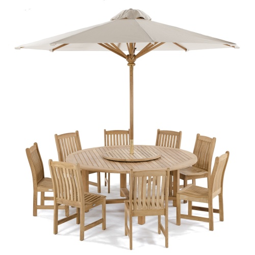 70020 Buckingham Veranda nine piece teak 72 inch round dining set showing optional teak lazy susan with optional open teak market umbrella on white background