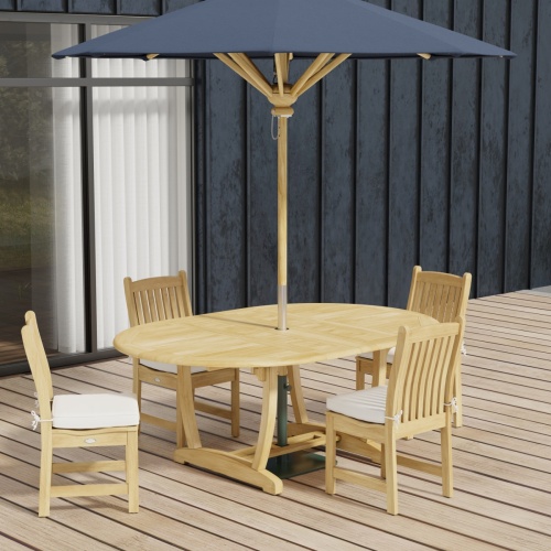 70031 Martinique Veranda 5 pc Dining Set of Martinique Oval Teak Table and 4 Veranda Side Chairs with optional seat cushions in aerial view on wood deck 