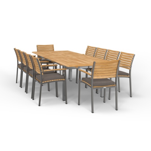 70055 Vogue 11 piece Teak and 304 Stainless Steel Dining Set with optional seat cushions plate of green apples on outdoor lanai with glass doors and palmetto palm in background