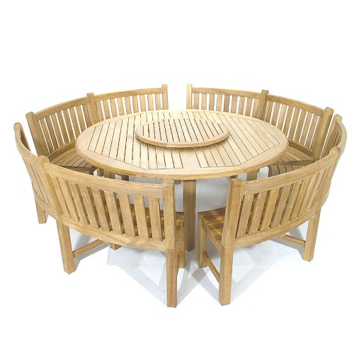 70067 Buckingham teak Curved Bench Dining Set with optional cushions open market umbrella teak lazy susan two wine bottles 12 table settings on pavers pool and house in background