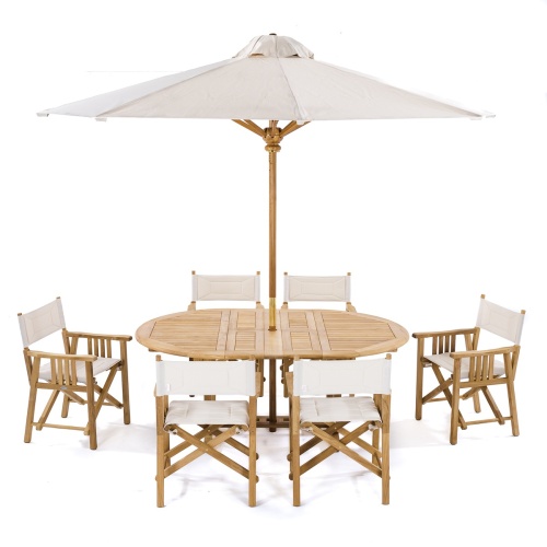 70079 Director Chair 7 piece Oval Dining Set side view with optional open market umbrella in table on white background