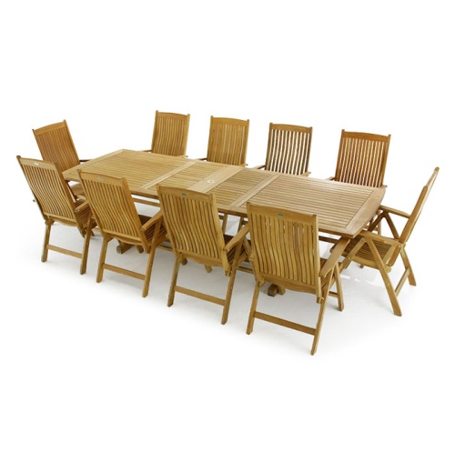70205 Reclining Teak 11 pc Dining Set of Grand Veranda Rectangular Dining Table and 10 Barbuda Folding Armchairs with optional seat cushions in angled side view on white background