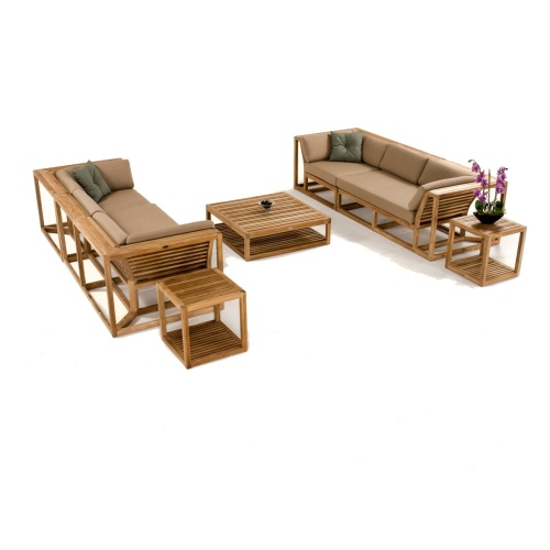 70234 Maya 7 pc Twin Sofa Set with cushions three throw pillows interior back angled view on carpet lamp on side table wall mirror galvanized bucket with rolled towels on floor 