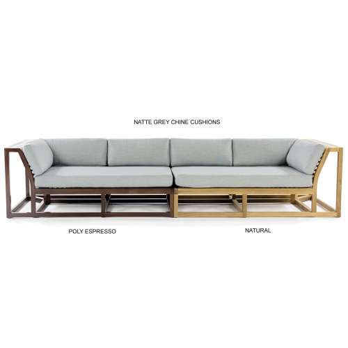 70278  Maya Grand Sofa Set of Maya Left and Right Side Sectional in angled side view on a patio facing a pool and a house with a window and a fence with trees in the background