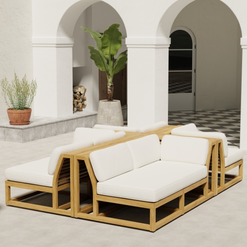 70279 Centerpiece 4 pc Sofa Set of the Maya Left and Right Side Sectional and 2 Corner Sectionals in angled aerial end view on concrete terrace next to a potted plant with tree and ocean view