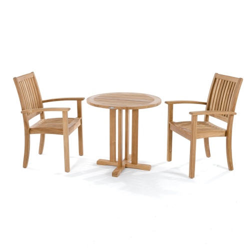 70296 Sussex 3 piece Teak Bistro Set of 2 teak dining armchairs with optional seat cushions and round 30 inch diameter dining table  side angled on white background