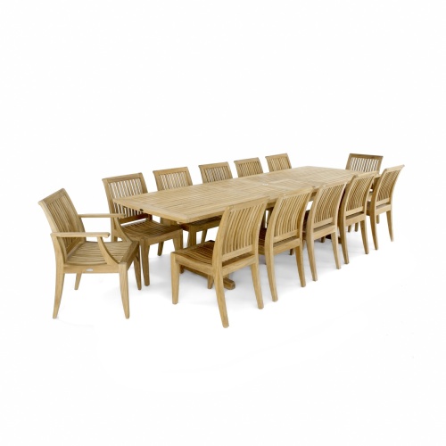 70300 Grand Laguna 13 pc Teak Dining Set of 2 armchairs 10 side chairs and an extendable rectangular dining table angled on white background