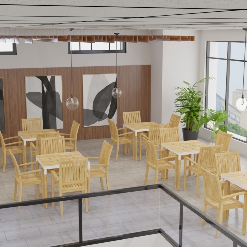70387 Bloom Sussex 5 pc Dining Set showing 5 dining sets in angled aerial view on tiled cafeteria dining area with pictures and windows in background 