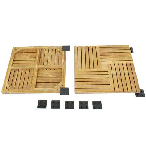 70402 parquet teak tiles showing top and bottom views with connectors attached in corners with five connectors lined across bottom on white background