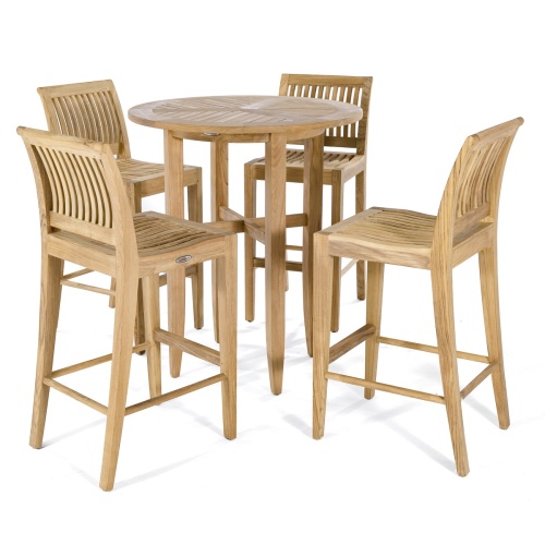 70416 Laguna 5 piece teak High Bar set of four bar stools with optional seat cushions and round 36 inch diameter bar height table on white background