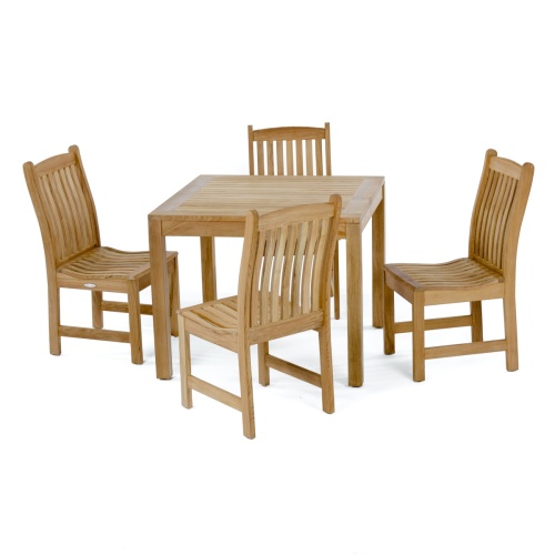 70424 Veranda teak 5 piece square Bistro Set of 4 teak side chairs and 36 inch square dining table on marble floor with other bistro sets in background