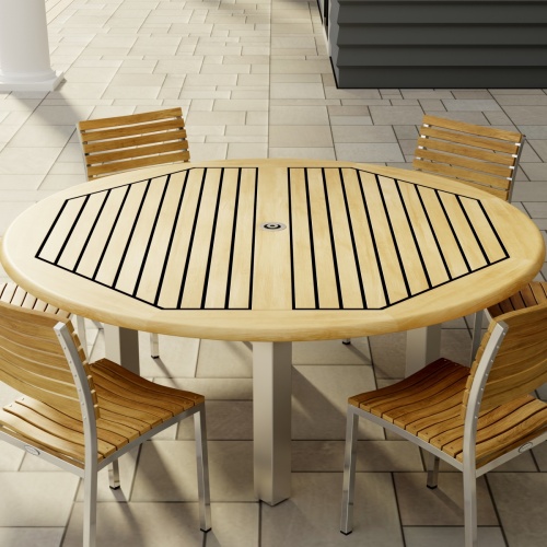 70428 Vogue 7pc Round Dining Set of Vogue Round DIning Table and 6 Vogue Side Chairs in angled aerial view on tile patio 