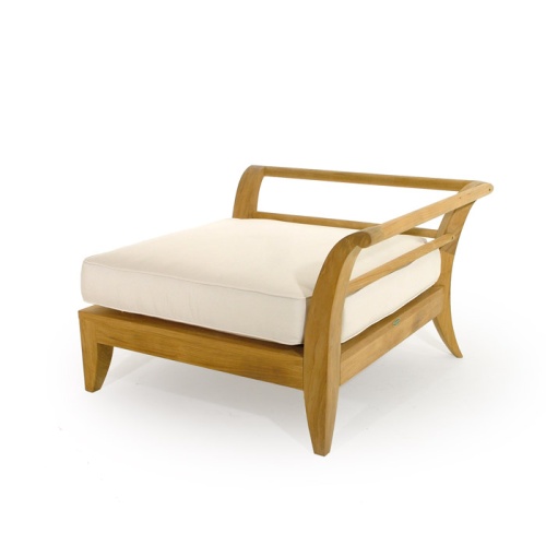 70429 Aman Dais Teak 2 pc Loveseat Set of 2 Aman Dais Corner Sectionals with cushions angled front view on patio next to 2 potted plants against a wall in background