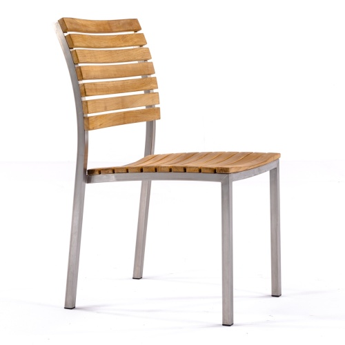 21007 Vogue Teak and 304 Stainless Steel Dining Side Chair in angled left side view on white background
