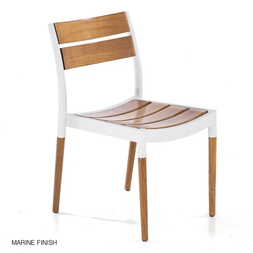 70451 Bloom teak and powder coated aluminum dining side chair in Marine finish side angled view on white background