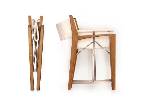 12915F Odyssey Teak and Stainless Steel Director Chair showing 2 director chairs completely folded side and front view on white background