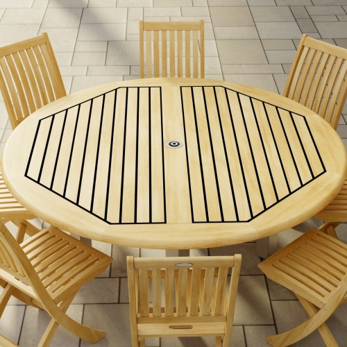 70486 Vogue Teak Barbuda Dining Set for 8 of Vogue Dining Table and 8 Barbuda folding Side Chairs angled aerial view on tiled patio 