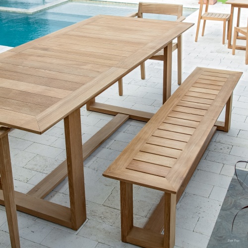 70496 Horizon 5 pc Table & Bench Set of Horizon Rectangular Dining Table and 2 Teak Benches and 2 Dining Armchairs in angled end view on white background 