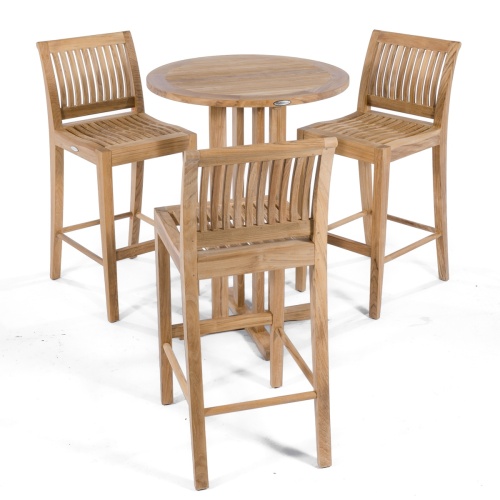  70503 Laguna Pub Set showing 3 barstools around teak bar table aerial angle view on white background