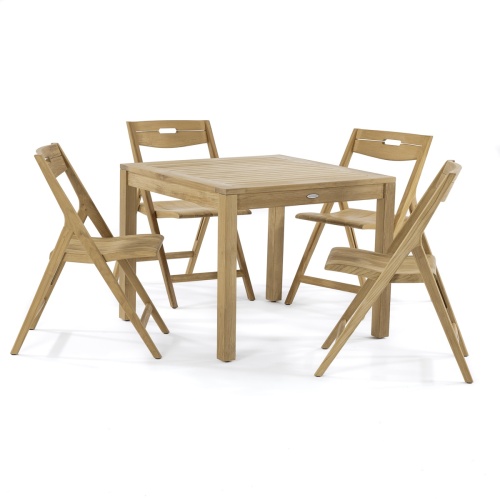 70513 Surf teak 5 piece 36 inch square Dining Set of 4 teak folding side chairs and teak 36 inch square dining table on white background
