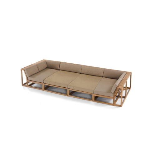 70515 Maya Teak 4 pc Daybed Set of Maya Left and Right Sectionals and 2 Chaises on patio in angled side view with a pool in front of set and 2 potted plants and house in background