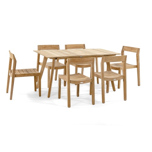 70527 Surf Horizon 7 piece teak Dining Set of 6 side chairs and teak 60 inch rectangular dining table aerial side view on white background