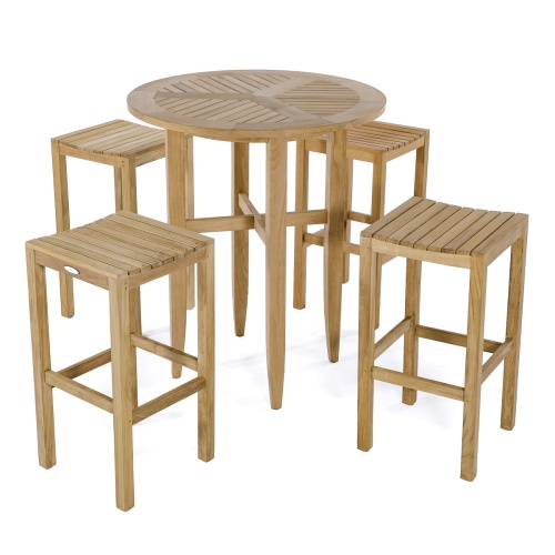 70533 Somerset Laguna 5 piece teak Bar Set of 4 teak backless barstools and round 36 inch diameter bar table top angled view on white background