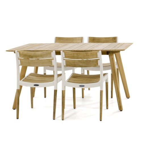 70566 Surf Bloom 5 piece Dining Set of 4 Bloom teak and powder coated aluminum dining chairs and Surf 5 foot rectangular teak table side view on white background