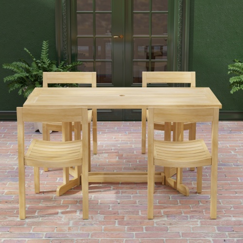 70610 Nevis Horizon Teak Wood 5 pc Dining Set on brick patio in angled side view with windows and potted plants in background 
