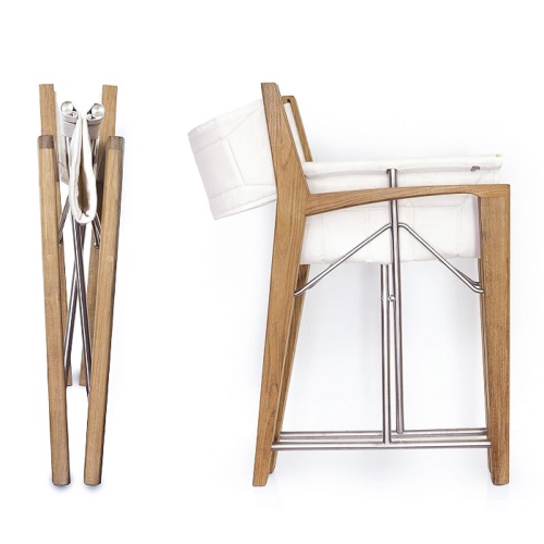 70651 Odyssey teak and stainless steel directors chair in canvas fabric showing 2 chairs folded in side and end view on white background
