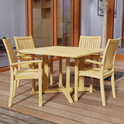 70685 Sussex Pyramid 5 pc Dining Set of Pyramid Square Dining Table and 4 Sussex Armchairs in angled corner view on wood deck with door to house in background 