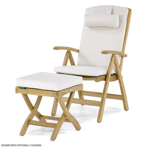 70706 Barbuda Teak Recliner & Ottoman Side Table Set with optional cushions in reclined position in side view on white background