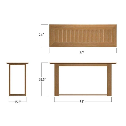 15999 Horizon Teak Bar Table showing autocad of end and side and table top views on white background
