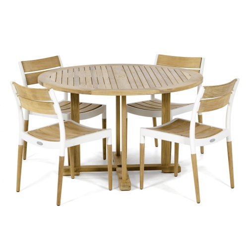 70747 Bloom 5 piece Round Dining Set of 4 teak and white powder coated aluminum dining side chairs and 48 inch round teak dining table on white background  