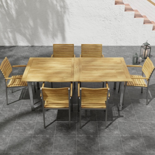 70756 Vogue 7 pc Dining Set with All Armchairs side view on tiled patio with stairs in background