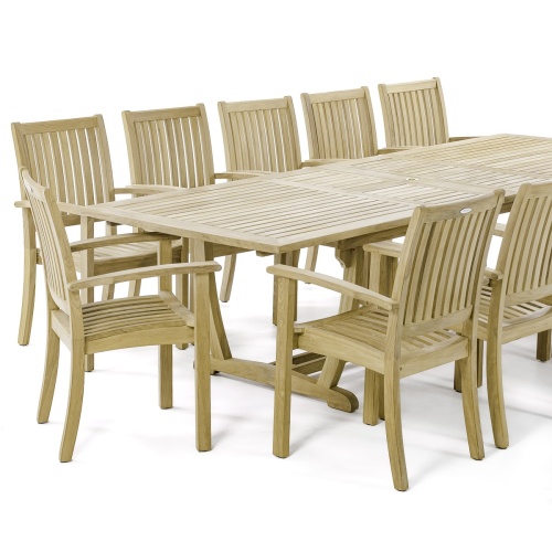70757 Sussex Veranda teak 13 piece dining set partial closeup view of 8 Sussex Stacking Chairs and Grand Veranda Rectangular Extension Dining Table on white background